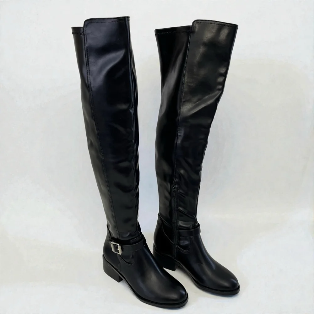 Black Over The Knee Boots Low Block Heel Buckle Riding Boots Size 5 DV Dolce Vit